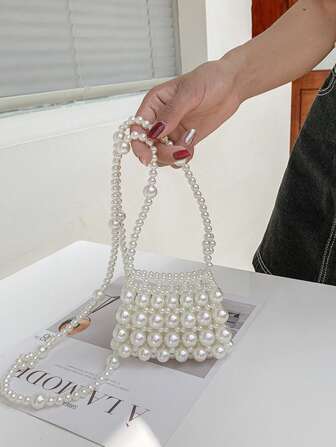 UGALS 法国仙女串珠珍珠迷你零钱包，手工编织迷你斜挎包，优雅珍珠包