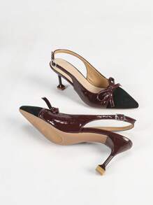Bow Color Blocking Elegant Ankle Strap High Heels, Closed Toe Lightweight Casual Dress Pumps