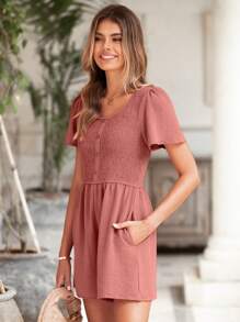 Womens Summer Short Sleeve Romper Casual Loose Button Smocked Dressy Shorts Jumper Jumpsuit Overalls 2025