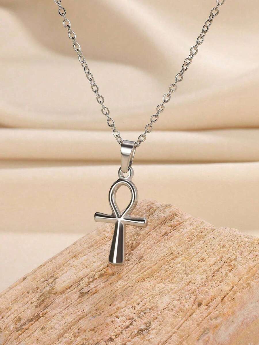 Collar con colgante de cruz Ankh de plata y oro para mujer, joyería religiosa de acero inoxidable - Multicolor - Ver 1