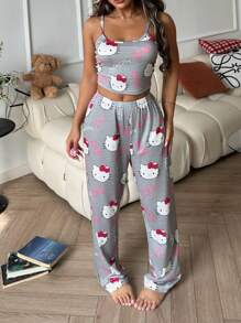 Sanrio 2 Stücke bedruckte Damen Trägerhemd Kurz Top + Gummibund gerade Hose Schlafanzug Set, Zweiteiler