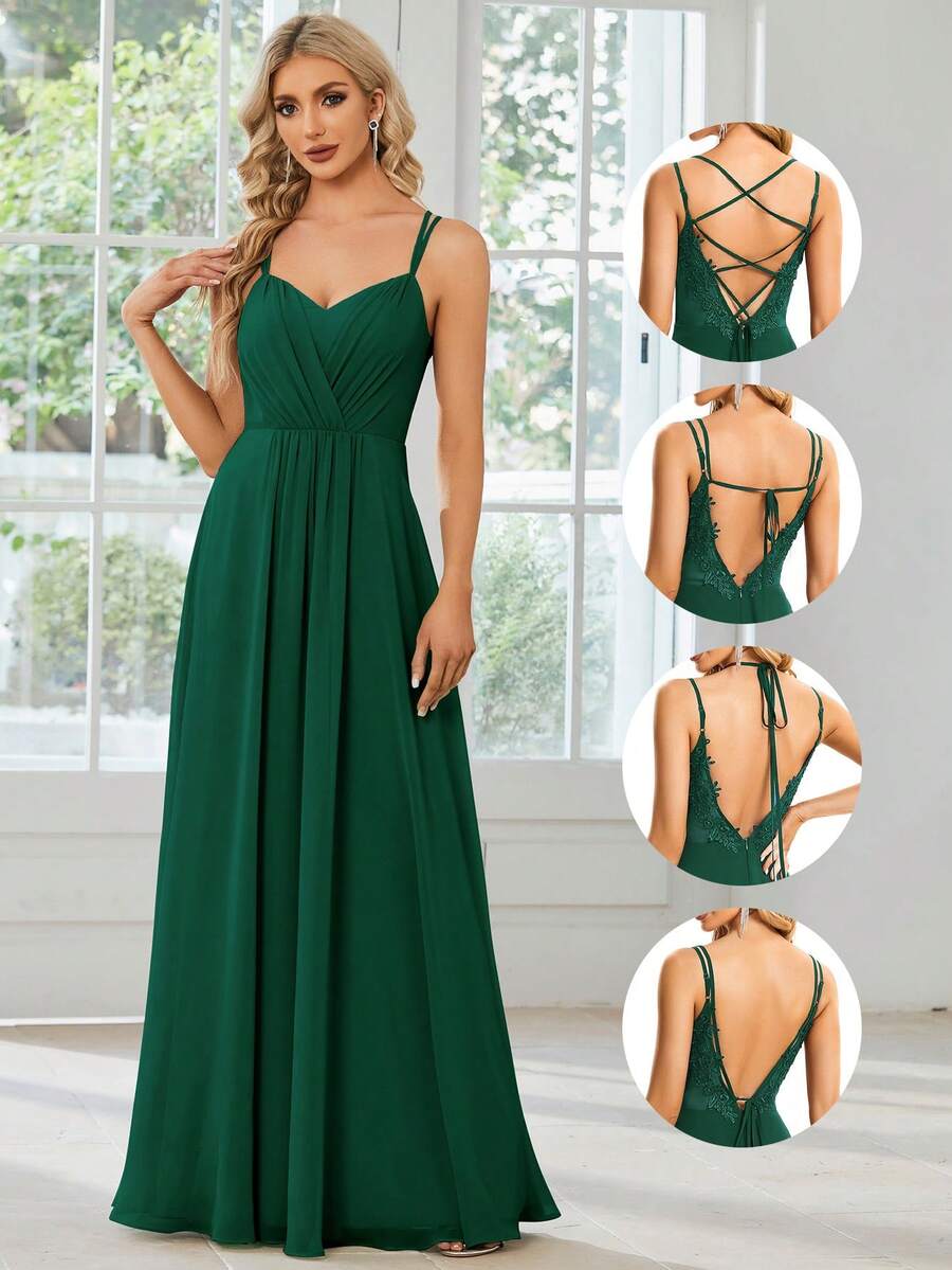 EVERPRETTY Spring Solid Color Simple Ruched Criss-Cross Backless Green Bridesmaid Dress, Wedding Guest Dress