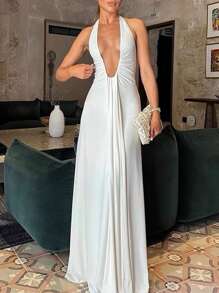 Women's Elegant Deep V-Neck Hollow Pleated Dress - Halter Neck Fitted Style, Suitable For Christmas Parties, New Year's Eve, Wedding Guests And Formal Occasions White Summer Party - White - View 6
