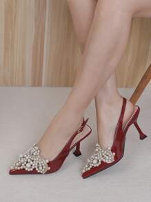 Women's Pointed Toe Pearl Decor High Heel Pump Shoes