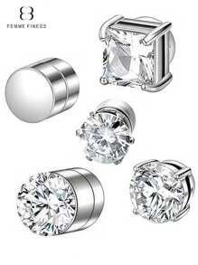 1set Finess Brand Stainless Steel Magnetic Cubic Zirconia Ear Studs For Men & Women, Hypoallergenic Non Pierced, 5-8mm Double-Sided Magnet Flat CZ Magnetic Clip-On Earrings - Multicolor - View 1