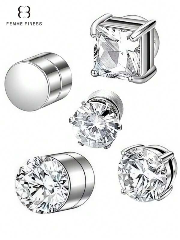 1 set Pendientes magnéticos de acero inoxidable con circonita cúbica de la marca Finess para hombres y mujeres, hipoalergénicos sin perforación, magnético de doble cara plano CZ de 5-8mm para clipar sin perforación