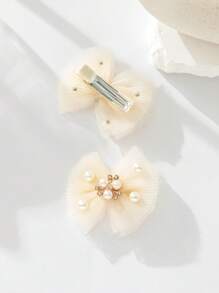 2pcs/Set Pearl & Tulle Bow Kids Hair Clips