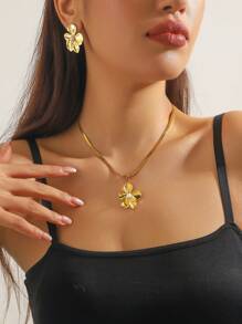 1 Set Antique Gold Plated Asymmetrical Flower Pearl Decor Stainless Steel Earrings & Necklace Jewelry Set - Flowers - View 2