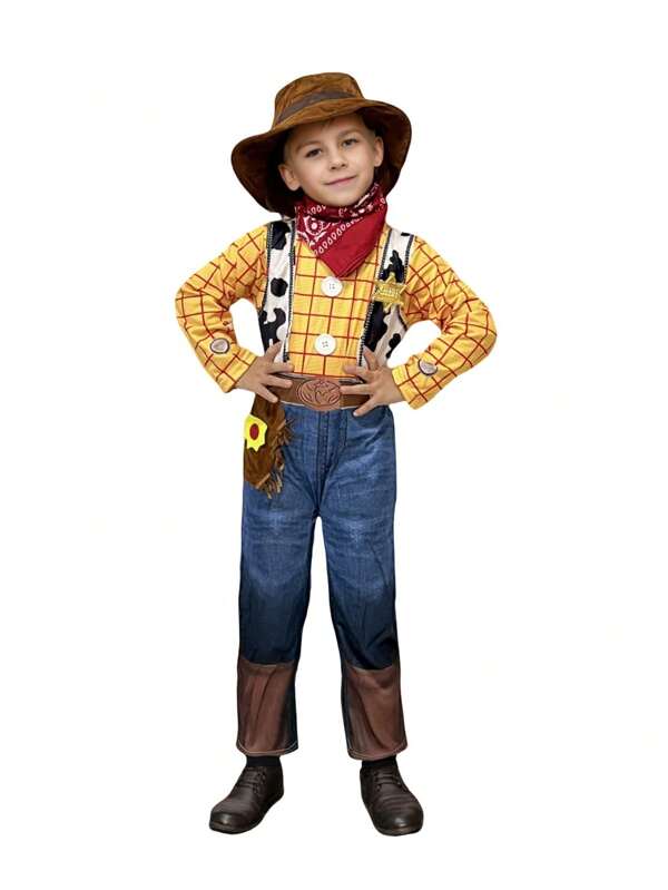 Set da 3 pezzi di costume da cowboy occidentale per bambini, inclusi tuta intera, cappello e sciarpa, adatto per Ognissanti, feste di compleanno, esibizioni