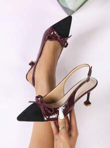 Bow Color Blocking Elegant Ankle Strap High Heels, Closed Toe Lightweight Casual Dress Pumps