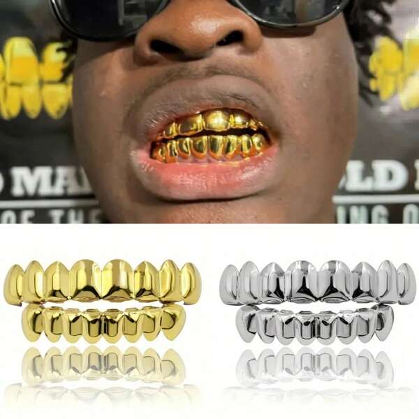 THATBOY 2PCS Rapper Accessory Hip-Hop Copper 18K Golden-Plated Teeth Grillz Grills Personalized Daily Wear And Halloween Suitable For Men & Women
