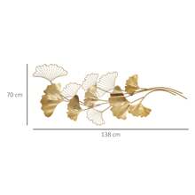 HOMCOM Decorazione Murale 3D in Metallo, Wall Art Dorata con Foglie di Ginkgo 138x70cm
