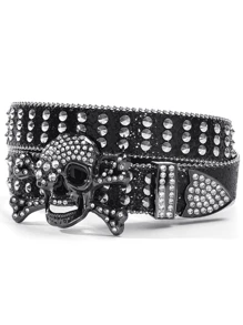 1 件男士朋克骷髅 Y2K 嘻哈水钻涂鸦 PU 皮带，时尚街头风格，音乐节/生日/毕业礼物配饰 - 彩色 - 查看 7