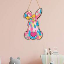 1pc Easter Bunny Wooden Pendant - Colorful Bunny Shape Design, Watercolor Rendering Love Bow Illustration Design, Country Home Decor, Suitable For Front Door, Porch, Living Room, Bedroom - Indoor/Outdoor Easter Decoration Gifts Birthday Graduation