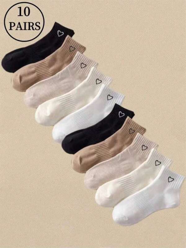 10 Pairs Women's Crew Socks With Heart Pattern, Comfortable Casual Sports Short Socks