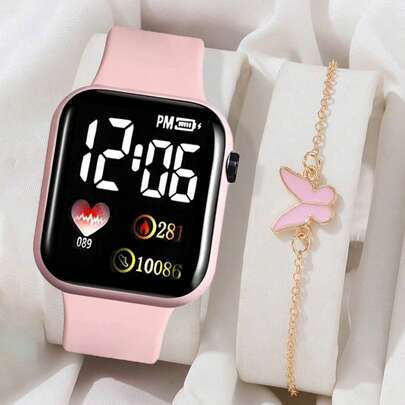 Set de 2 piezas que incluye 1 reloj digital cuadrado con diseño de corazón de dibujos animados y 1 pulsera con diseño de mariposa. Regalo ideal para el Día de San Valentín, Navidad, Graduación, Pareja. La mejor opción para Halloween, Navidad, Día de San Valentín, Día de la Madre, regalos festivos.
