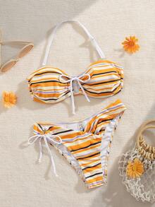 Fashionable New Striped Drawstring Patchwork Sexy Bandeau Bikini Swimwear Set, For Summer Beach Vacation - Multicolor - View 2