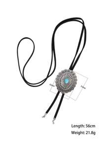 Retro Turquoise Flower Metal & Leather Long Necklace, Unisex Minimalistic Design