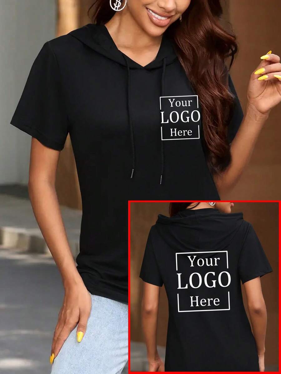 Customized Women Short Sleeve Hoodie T-Shirt/Customize Logo/Customize Photo/Customize Text/Customize Your Own Logo/Customize Travel Group Logo/Name/Photo/Pet Photo/Family Photo, All Available For Customization - Black - View 1