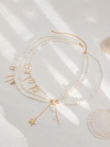 1pc Bohemian Fashion Baroque Faux Pearl Multilayer Tassel Sexy Body Chain, Vintage Ocean Element Starfish Shell Conch Pendant Tassel Waist Chain And Vest Chain, Women Beach Resort Decor Body Jewelry