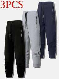 3pcs Men's Drawstring Elastic Waist Jogger Sweatpants, Lightweight Flexible Sports Trousers, Breathable And Minimalist Design