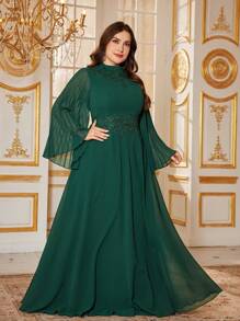 SUPGIR Plus Crew Neck Pleated Long Sleeve Waist-Defined Luxurious Appliques Embellished Olive Green Elegant Dress, Wedding Guest Dress, Party Dress, Formal Dress, Evening Dress,Gown - Dark Green - View 3