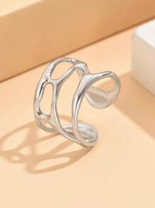 1pc Fashion Asymmetrical Hollow Liquidic Opening Stainless Steel Adjustable Ring, 18K Gold Vacuum Plated, Non-Fading Jewelry For Women, Party Wear