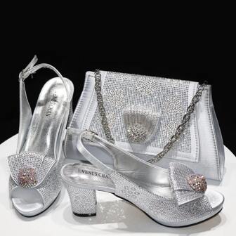 Venus Chan 2025 Latest Ladies Thin Heels Shoes And Bag Set Decorated With Rhinestones In Silver Color For Women Party Pump
