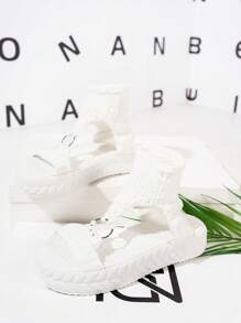 Summer Thick-Sole Sandals, Women's Strap Knitted Comfortable Breathable Round Ring Decor Plus Size Thick-Sole Sandals, Stylish & Versatile Woven Elastic Lightweight Casual White Sandals, College Style Roman Sandals, Outdoor Thick-Sole Sandals