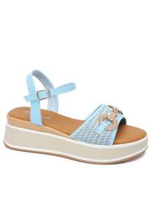 Sandali da donna con decorazione a catena in metallo, design con fibbia regolabile, suola spessa, sandali alla moda per l'estate - Blu - Visualizzare 2