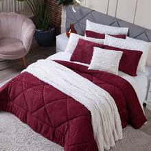 Denver QUEEN Double-Sided Ribbed Blanket Kit 03 Pieces - Duvet Set Blanket In Warm Soft Ribbed Microfiber Blanket Winter Decoration Blanket Striped Blanket - Burdeos - Ver 3