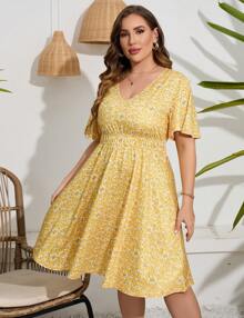 GoyRrbay Women's Plus Size V Neck Midi Dress Casual Floral Dresses Summer Short Sleeve Sundress With Pockets - Màu vàng - Xem 2