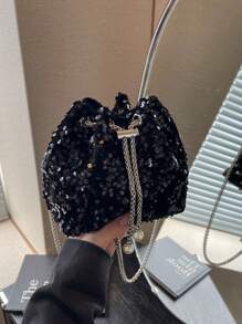 1pc Chain Drawstring Closure PVC Glitter Bucket Bag With Metal & Pearl Decor, Bling Glam Women Fashion Evening Party Shoulder Crossbody Cosmetic Clutch Gift