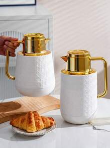 1pc 1000ML/33.8oz Vacuum Insulated Bottle, Minimalist Gold Plated Design, Press Button Water Dispenser, Glass Liner, Coffee Pot Back To School - Multicolor - View 4