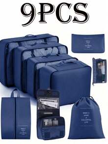 9件套旅行收纳套装：便携式收纳袋、多功能洗漱包、大容量化妆包、手提包、鞋袋、户外包、压缩袋、洗衣袋、瓶袋、内衣袋 - 彩色 - 查看 14