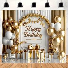 Versatile Happy Birthday Banner With Golden & White Balloons And Big Bow - Perfect For Princess Parties, Bachelorette Celebrations & Photo Backdrops, Background, Photography Decorations