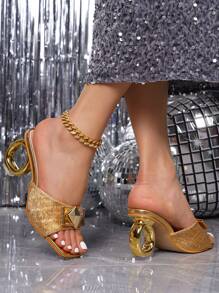 女士方头铆钉装饰不对称高跟休闲凉鞋，时尚百搭鞋 - 金色 - 查看 4