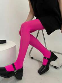 1pc Rose Red Solid Color Velvet Pantyhose, Simple Solid Color Slimming, Dopamine Candy Color, Versatile Base Socks - Hot Pink - View 3