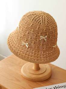 1顶女士甜美蝴蝶结手工钩编渔夫帽，透气镂空防晒沙滩帽，夏季必备 - 多色 - 查看 4
