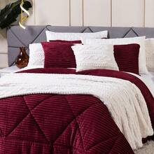 Denver QUEEN Double-Sided Ribbed Blanket Kit 03 Pieces - Duvet Set Blanket In Warm Soft Ribbed Microfiber Blanket Winter Decoration Blanket Striped Blanket - Burdeos - Ver 6