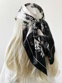 1pc Women Rose Bicolor Fashion Versatile Printed Soft Neck Scarf, Multifunctional Bandana Square Scarf