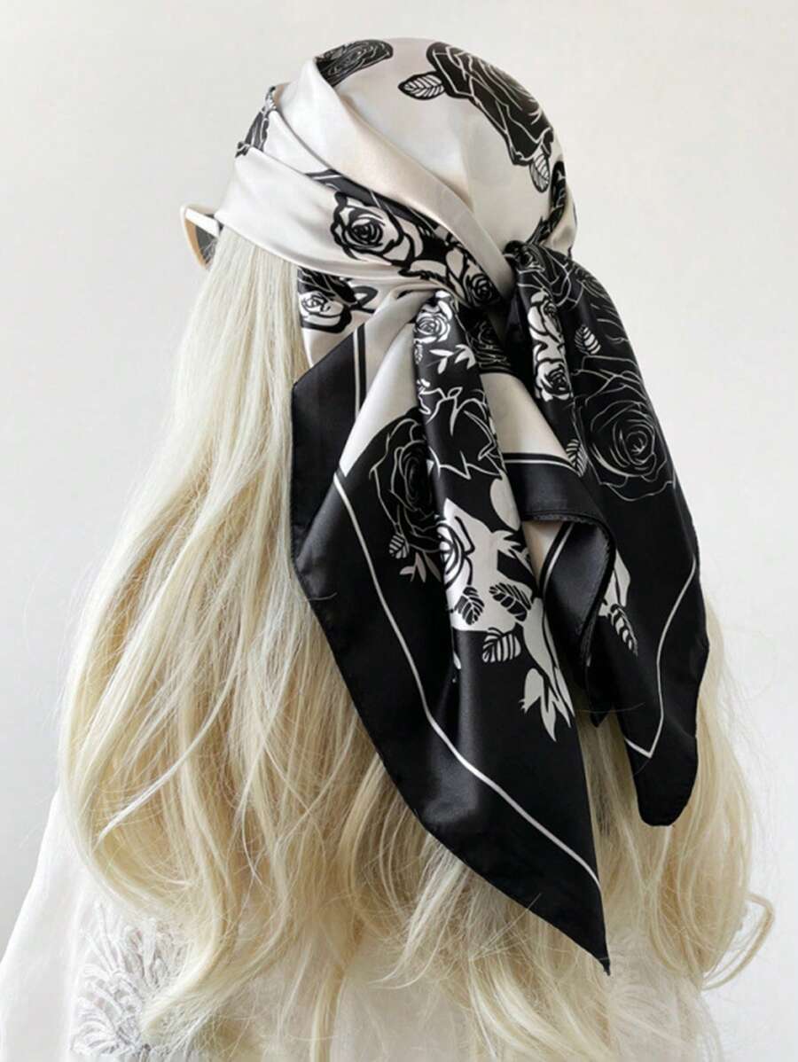 1pc Women Rose Bicolor Fashion Versatile Printed Soft Neck Scarf, Multifunctional Bandana Square Scarf