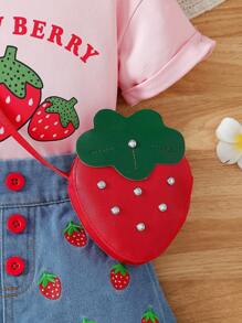 Young Girls Casual Fashion Strawberry Print T-Shirt, Embroidered Denim Shorts And Bag 3-Piece Set