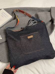 Casual Commuting Large Handbag For Women, New Design Double Sided Denim Tote Bag Shoulder Armpit Large Capacity Plaid Bag