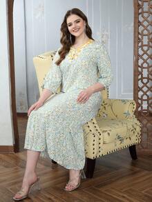 印花阿拉伯风格优雅连衣裙，贾拉比亚 2025 年，传统春夏斋戒月宰牲节 - 薄荷綠 - 查看 11