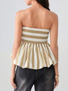 Women's Strapless Peplum Tops Stripe Print Ruched Backless Cropped Bubble Bandeau - Khaki - View 6