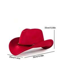 1pc Double Rivet Red Western Curled Brim Cowboy Hat, Decor Hat With Belt - Double Studded Leather Cowboy Hat - View 3