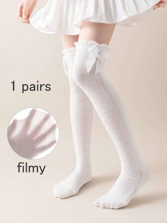 1 双带蝴蝶结蕾丝边的女童及膝袜，轻便，适合春夏季，适合 3-12 岁儿童，时尚百搭的日常穿着