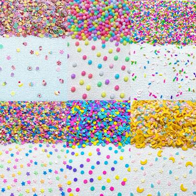 10g/0.35oz Bag Polymer Clay Slice For Slime Mix Ins, Resin Glitters Sprinkle For Party Decorations,Colorful Confetii For Holiday Accessories Birthday Party Supplies Party Favor,DIY Act Craft Handmade Jewelry Making Accessories Decoration Bead, Dot, Snow. Heart, Moon And Star. Cake. Fake Sprinkles For Slime Mix Ins, Nail Art Slices, And Cellphone Decorations
