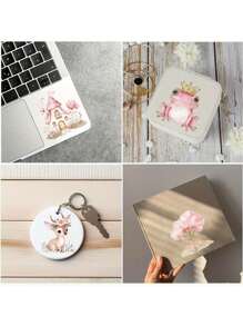 2张粉色魔法森林可爱森林仙子动物DIY UV DTF转印贴纸，适用于玻璃罐、咖啡杯、杯子、瓶子、花瓶、笔记本电脑、手机壳、卡片、插画、笔记本、计划本、工艺品、装饰品、礼品盒，防水贴纸，节日生日派对装饰 - 彩色 - 查看 9